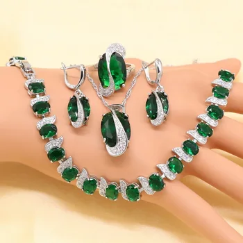 

Green Imitated Emeral Crystal White Zirconia Silver color Bridal Jewelry Sets For Women Necklace Pendant Earrings Rings Bracelet