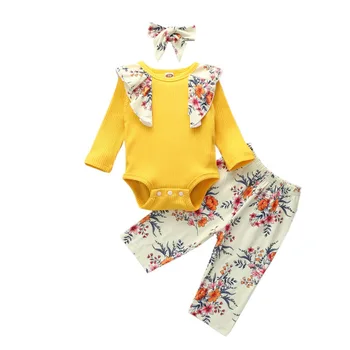 

Baby Romper Suits Girls Cute Flower Pattern Chinese Style Yellow Tops with Scarf + Printed Pants