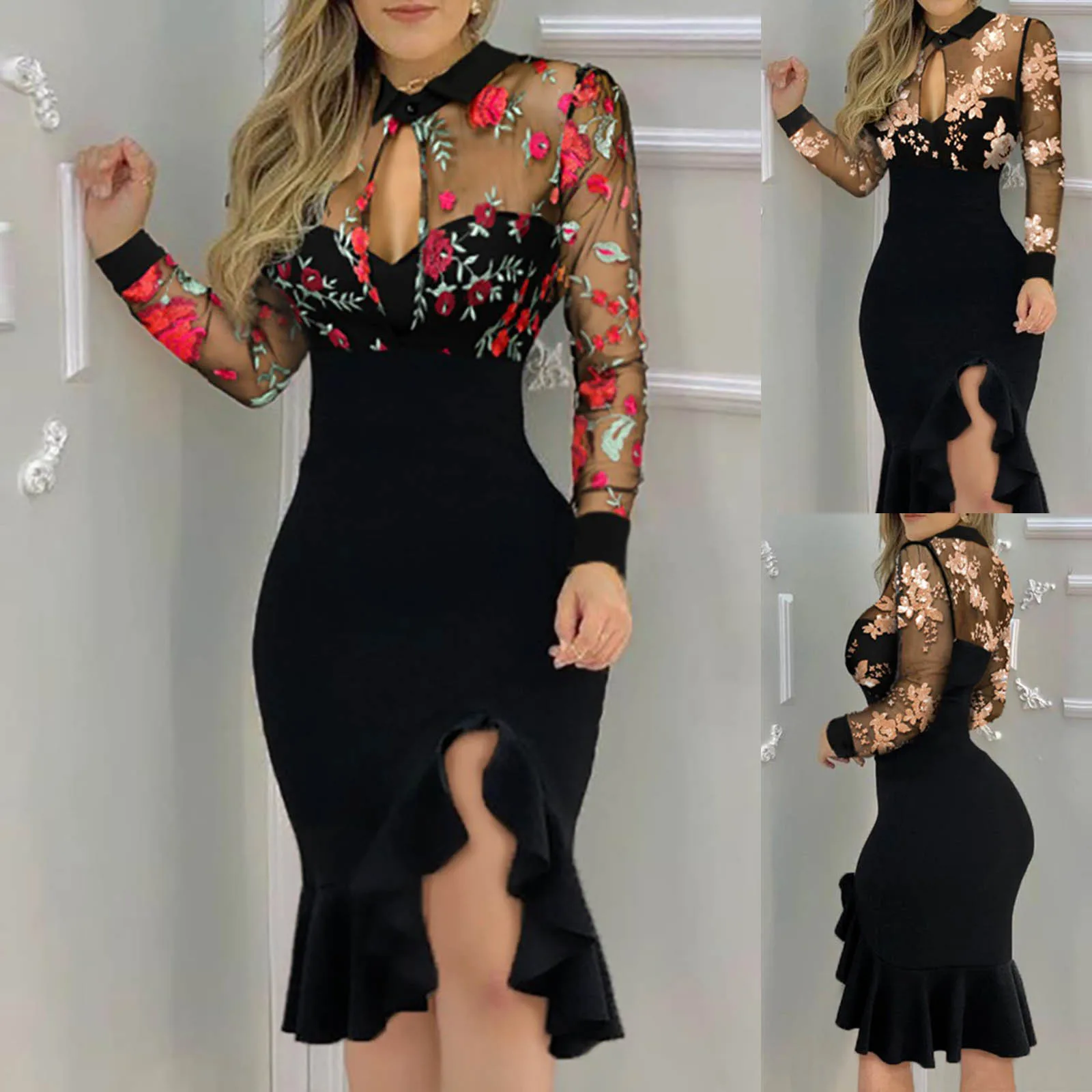Elegant Dresses For Women Slit Ruffles Hem Floral Pattern Slimming Lace Long Sleeve Dress 2021 сарафаны женские летние 1