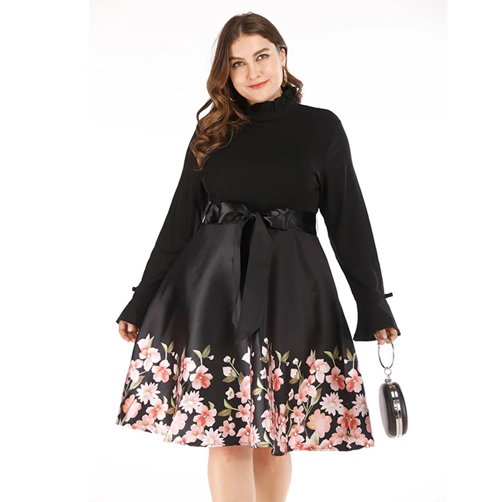 

Plus Size 4XL 5XL Elegant Floral Print Black Vintage 2019 Autumn Winter Long Sleeve Big Swing Zippers Tunic Pin Up Women Dress