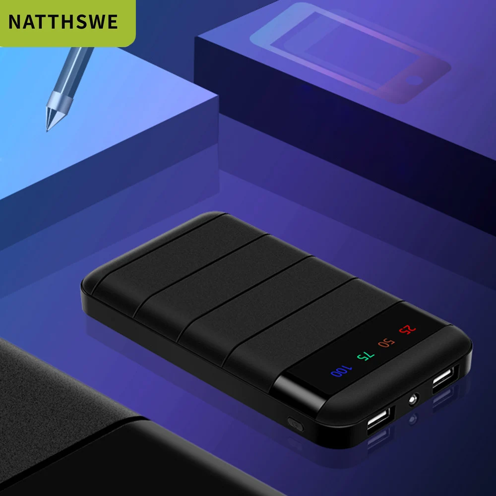 Черный NATTHSWE 20000 мАч портативное зарядное устройство с двумя USB тонким внешним аккумулятором для samsung iphone Xiaomi - Цвет: Черный