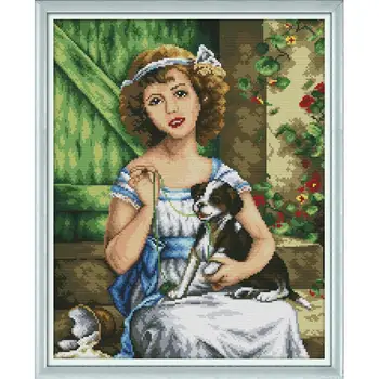 

Joy Sunday New Cross Stitch Kit The Girl with The Dog Needlework DMC 11&14CT DIY Handmade Embroidery Kit for Room Decor and Gift