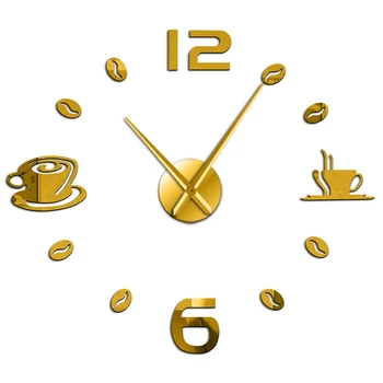 

Cafe DIY Large Wall Clock Frameless Giant Wall Clock Modern Design Coffee Mug Coffee Bean Wall Decor Kitchen Wall Watch Gold