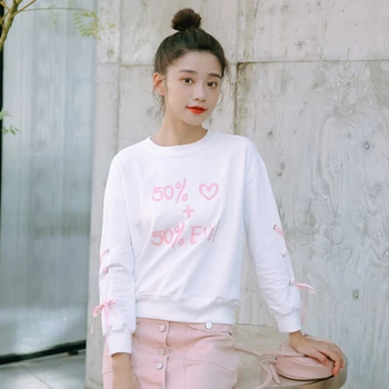 

2 Color New Autumn Harajuku Cute Sweatshirts Female O Neck Long Sleeve Printed Pullover Bandage Bow Women Sweatshirt Tops