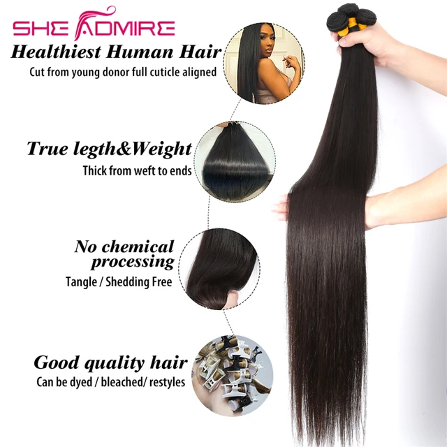 SheAdmire-extensiones de cabello humano liso para mujeres negras, mechones de cabello humano brasileño Remy, de 1/3/4 piezas, oferta, 32, 34, 36, 38 y 40 pulgadas