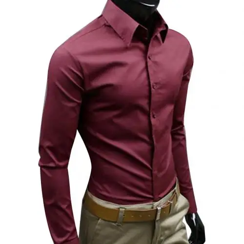 Бренд Для мужчин, хлопок с длинными рукавами Для мужчин рубашки Для мужчин сплошной Цвет Бизнес Длинные рукава на пуговицах, с отложным воротником рубашка Топ - Цвет: Wine Red