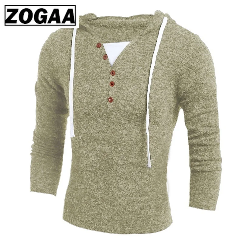 ZOGAA бренд Geek, новинка, мужские свитера, модный дизайн, однотонный вязаный свитер с капюшоном, пальто, Мужская одежда, облегающие пуловеры, свитер для мужчин