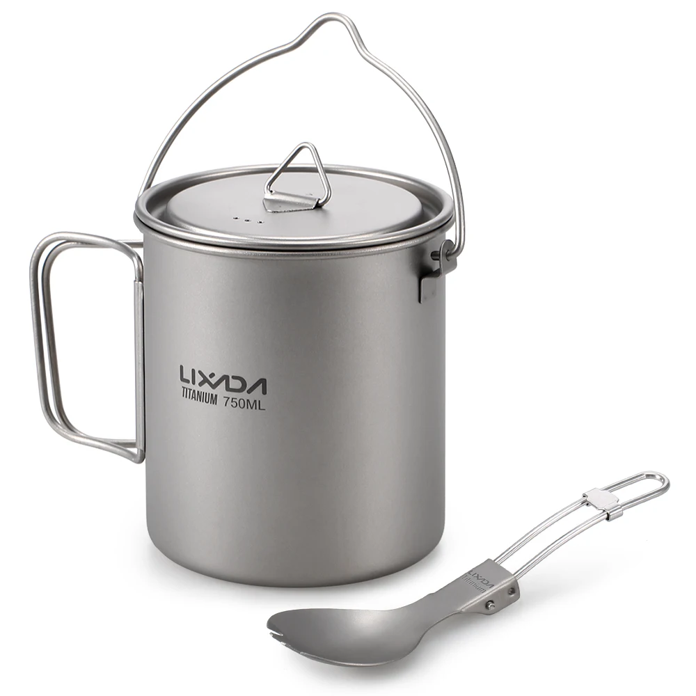 Lixada Titanium Pot Lightweight 750ml with Folding Spork Water Cup for Outdoor Camping Hiking Backpacking Picnic | Спорт и