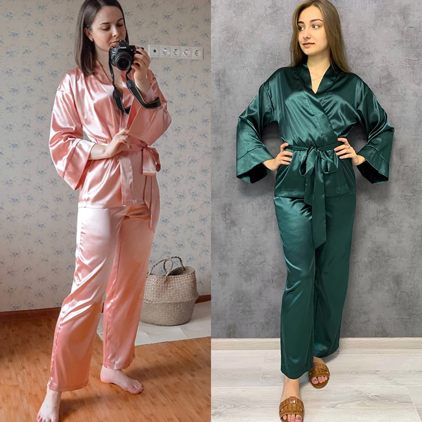 Women Robes With Sashes 2 Piece Set Wrist Sleep Tops Satin Pants Loose Pajamas Casual Sleepwear Female Home Suits