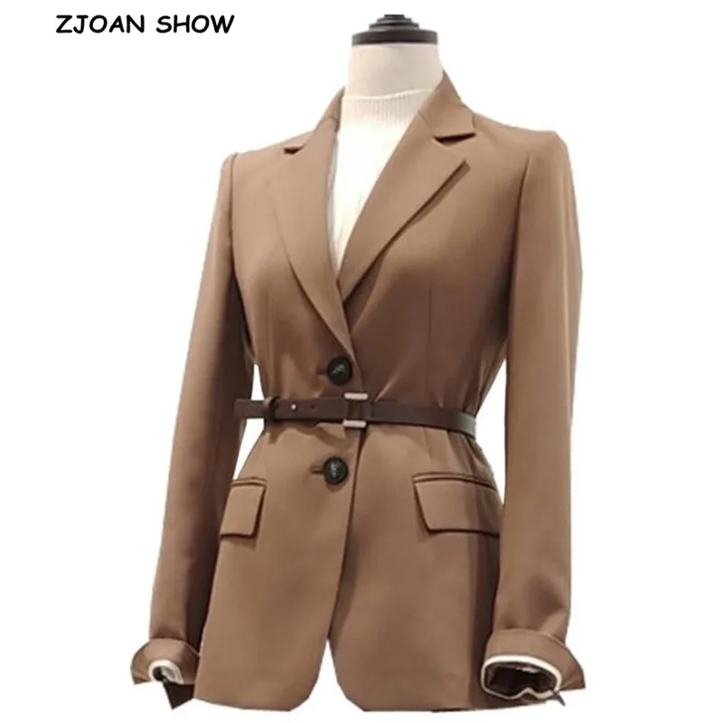 

2019 Autumn Elegant Solid Color Single-breasted With Belt Blazer Chic Women Long sleeve Mid Long Suit Office Lady Coat outwear