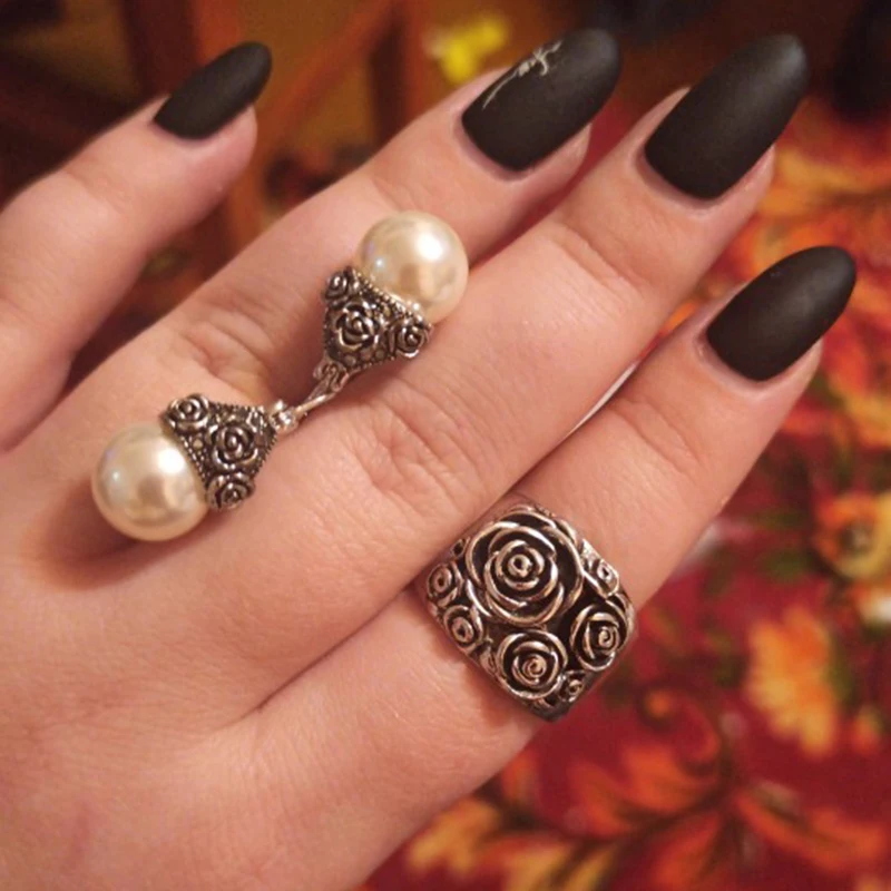 Finger ring Silver ring Vintage Rose Flower Rings for Women Ancient Silver Color Statement Ring Love Gift for Girls Jewelry