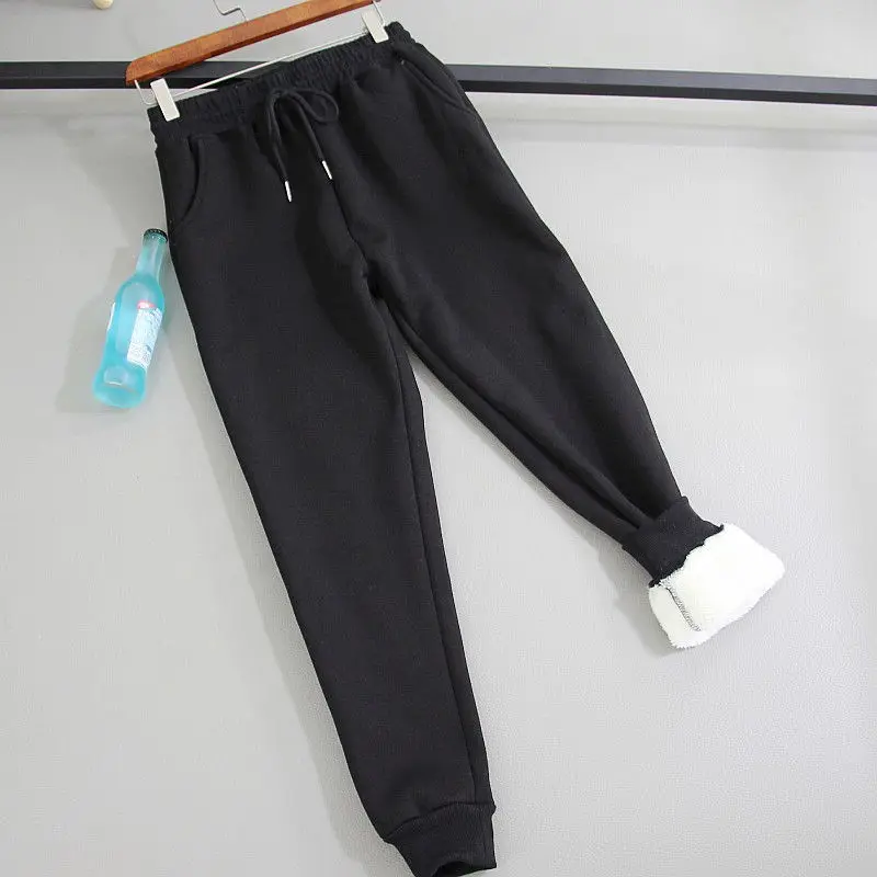 black pants Осенне-зимние штаны женские овечья шерсть флисовые Дамские Брюки с кулиской талией длинные женские брюки свободные теплые хлопчатобумажные спортивные брюки C5874 - Цвет: black pants