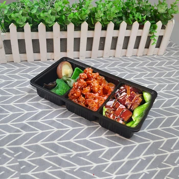 

50pcs Black plastic disposable lunch box Three lattice Food tray.