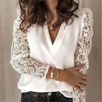 

Women 2020 Spring Summer Floral Lace Long Sleeve T-Shirts Office Lady V Neck White All-match Tops Streetwear
