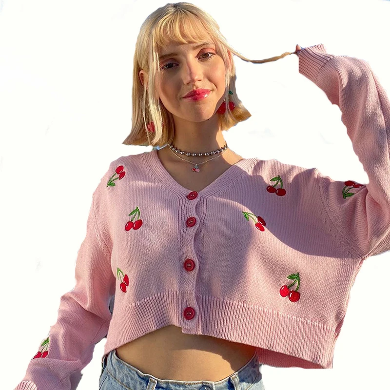

Cropped Cardigan White Cherry Kawaii Pink Pullovers Sweater Fuzzy Long Sleeve Women Knit Print Cardigans Single Breasted Fall
