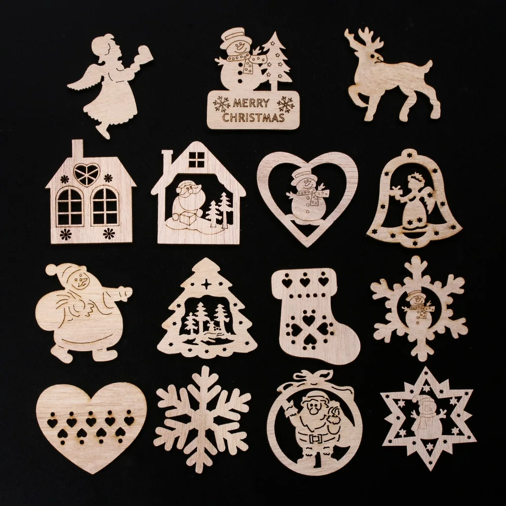 15PCS/Set Christmas Snowflake Santa Claus Wood Chip Hanging Ornaments Pendants Xmas Decoration Wood DIY Crafts Wood DIY Crafts