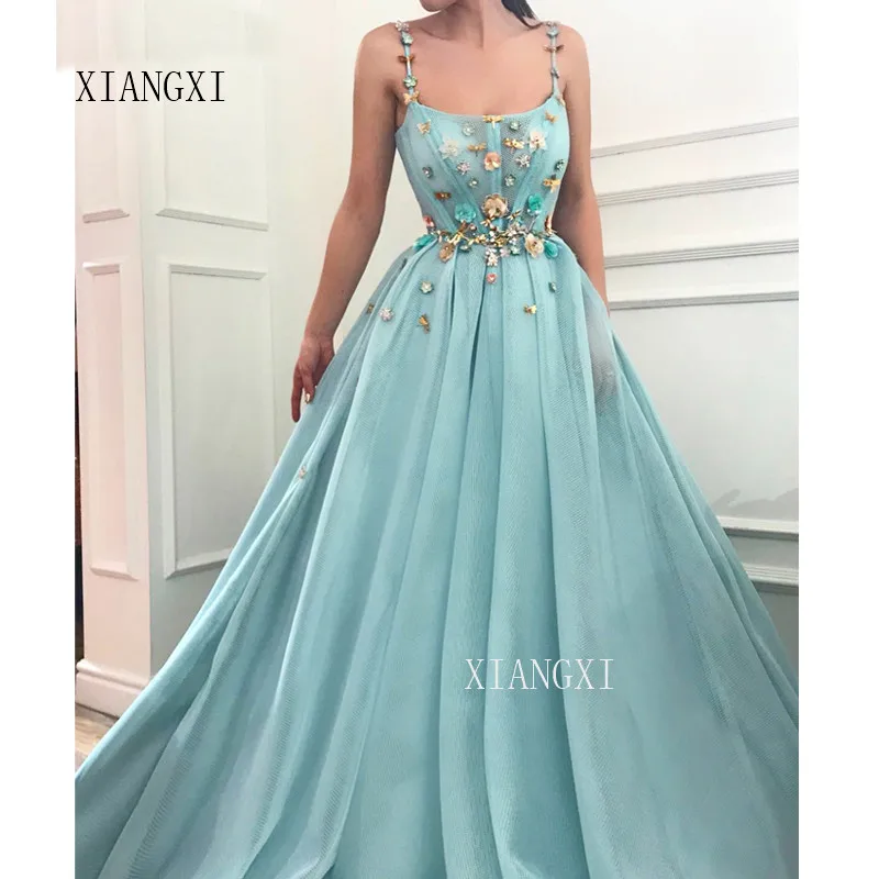 

Spaghetti Straps Beaded Flowers Muslim Evening Dresses 2019 A-line Tulle Islamic Dubai Saudi Arabic Long Evening Gown Prom