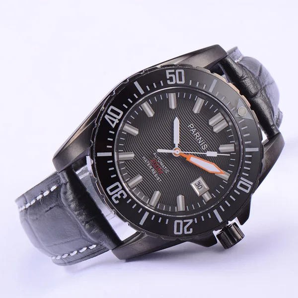 Parnis 44 мм вращающийся Безель автоматический Diver Мужские часы водонепроницаемые 200 м Металлические Мужские механические часы сапфировое стекло Мужские часы - Цвет: leather black