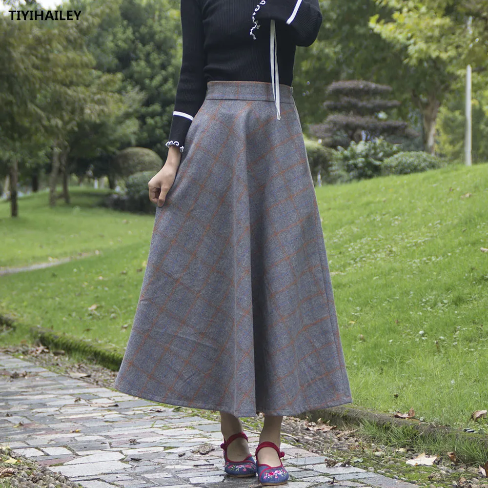 TIYIHAILEY Free Shipping Vintage Maxi Thick A-line Skirts For Women Elastic Waist Winter Plaid Woolen Skirts Warm With Pocket