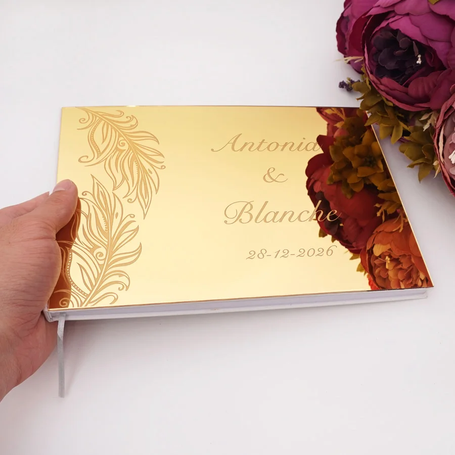 25x18cm Horizontal Tree Leaf Art Design Personalized Acrylic Mirror Cover Wedding Signature Guestbook Check in Book