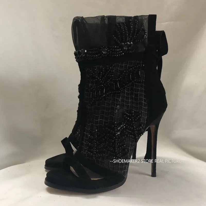 Runway Black Lace Crystal String Bead Sandals Women Cross-tied Peep Toe Thin High Heels Summer Shoes Sexy Party Dress Stilettos