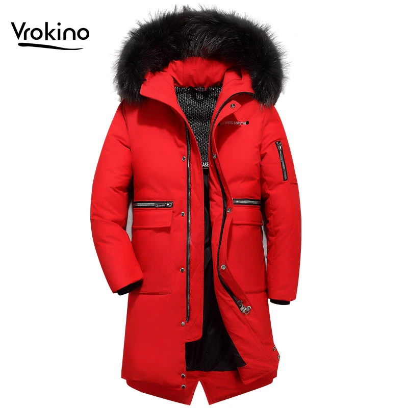VROKINO бренд зима мужская белая черная средняя длинная до низу куртка Повседневная модная мужская теплая куртка с капюшоном большой размер S-5XL