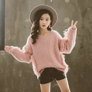 

2019 Autumn New Korean V-neck Tassel Sweaters Jacket Girls Winter Knitted Long Sleeve Sweater Fashion Pullover Tops Girl Clothes