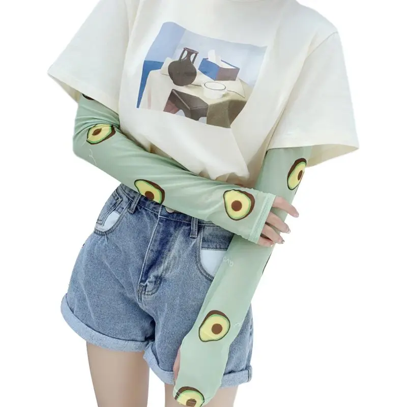 17 Korean Colored Cute Cartoon Avocado Fruit Print Arm Sleeves Cover Women Girl Summer Outdoor Cycling Cooling Sun Protection Glove - Цвет: 17