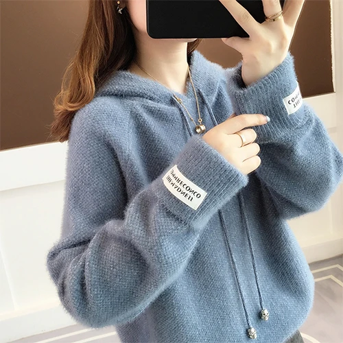 Surmiitro Mink Cashmere Knitted Hoodies Women Autumn Winter Korean Kpop Long Sleeve Hooded Sweatshirt Female Pullover Blue - Цвет: Синий