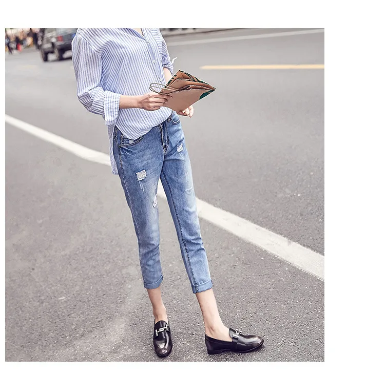 Loose Hole Jeans for Women Streetwear Fashion High Waist Washed Old Blue Ripped Holes Ankle Length Denim Pants