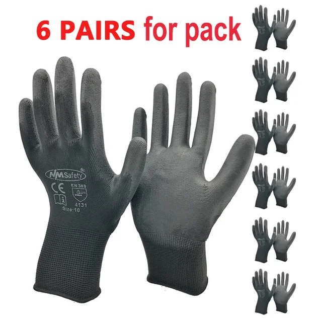 24Pieces/12 Pairs Safety Working Gloves Black Pu Nylon Cotton Glove Industrial Protective Work Gloves NMSafety Brand Supplier PU1350BLK- 6 Pairs