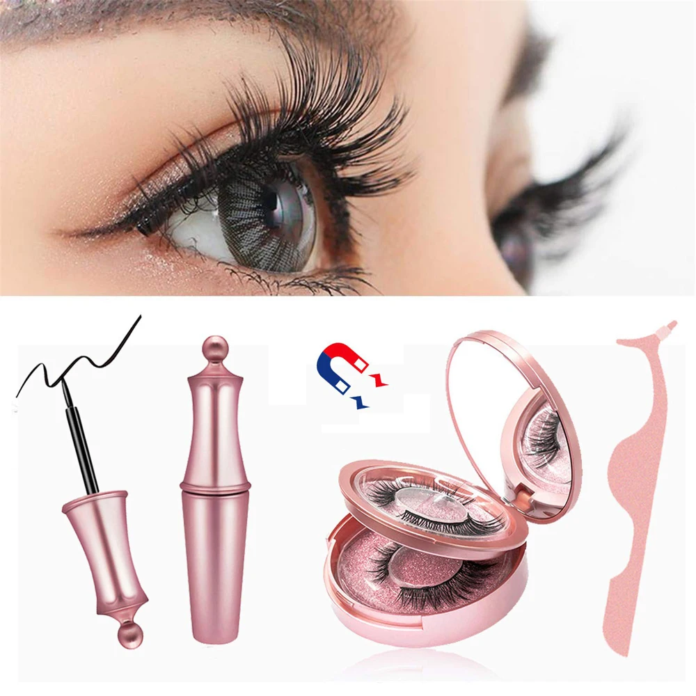 

Magnetic Eyelashes 3D False Mink Eye Lashes with Liquid Eyeliner Fake Natural Long Eyelashes Tweezers Extension Makeup Set Kit