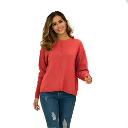 Женский Повседневный стиль для отдыха с круглым вырезом и длинными рукавами, Свободный вязаный свитер, однотонный пуловер, FS0851