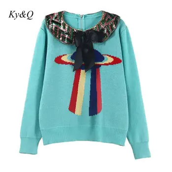 

Luxury 2019 Winter Runway Christmas Blue Women Beading Sweater Pullover Long Sleeve UFO Sequined Jumper Brand Tops Clothing