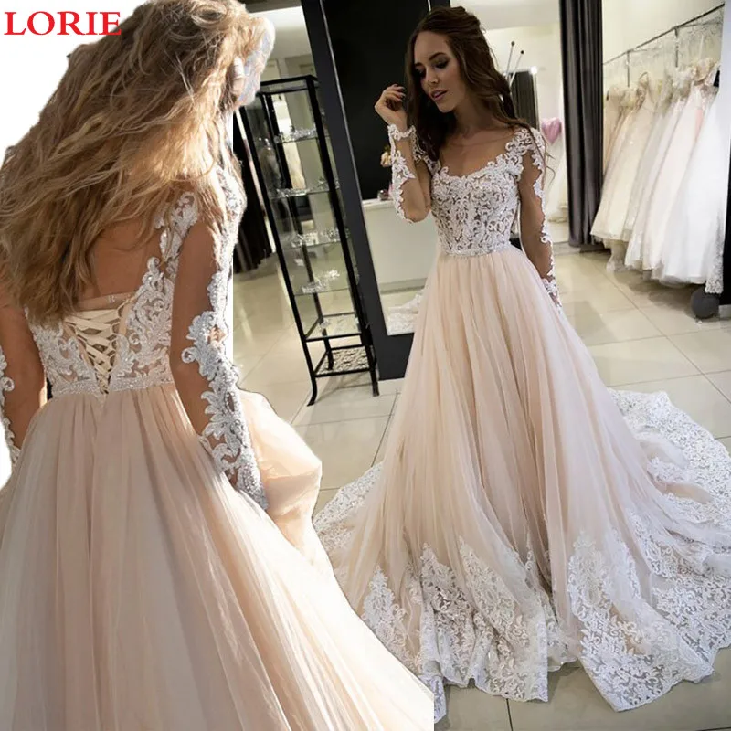 Lorie EEN Lijn Trouwjurk Champagne Vestido de novia Lange Mouwen Boho Bruid Jurken Bruidsjurken Lace Up Back Custom gemaakt Lorie EEN Lijn Trouwjurk Champagne Vestido de novia Lange Mouwen Boho Bruid Jurken Bruidsjurken Lace Up Back Custom gemaakt