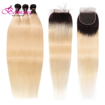 

Bouncing Hair 1B/613 Straight Bundles With Closure Ombre Color Brazilian Human Hair Weave Bundles With Closure Hair Extensions