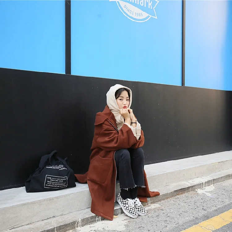 Южная Корея Dongdaemun осень и зима с капюшоном Дафлкот пальто женское выше колена с разрезом повседневное Свободное длинное пальто Тренч пальто La