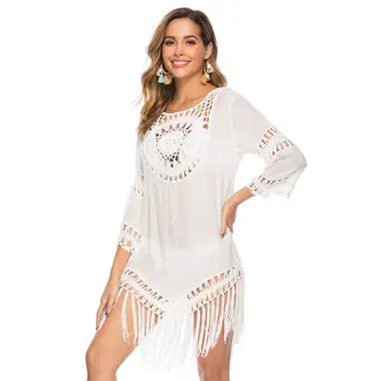 

Women Hollow Crochet Swimsuit Cover Ups Fringe Tassels Asymmetric Beach Dress 517D