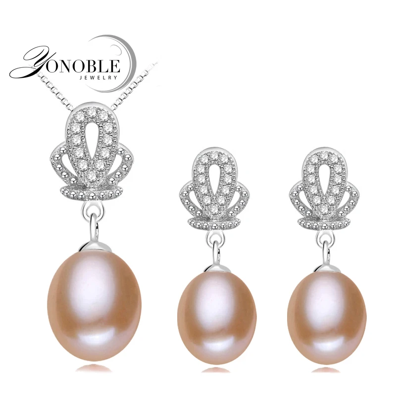 pink pearl set Настоящий речной натуральный жемчуг набор для женщин, свадебные 925 серебряные серьги наборы прекрасное ювелирное дело подарок - Цвет камня: pink pearl set