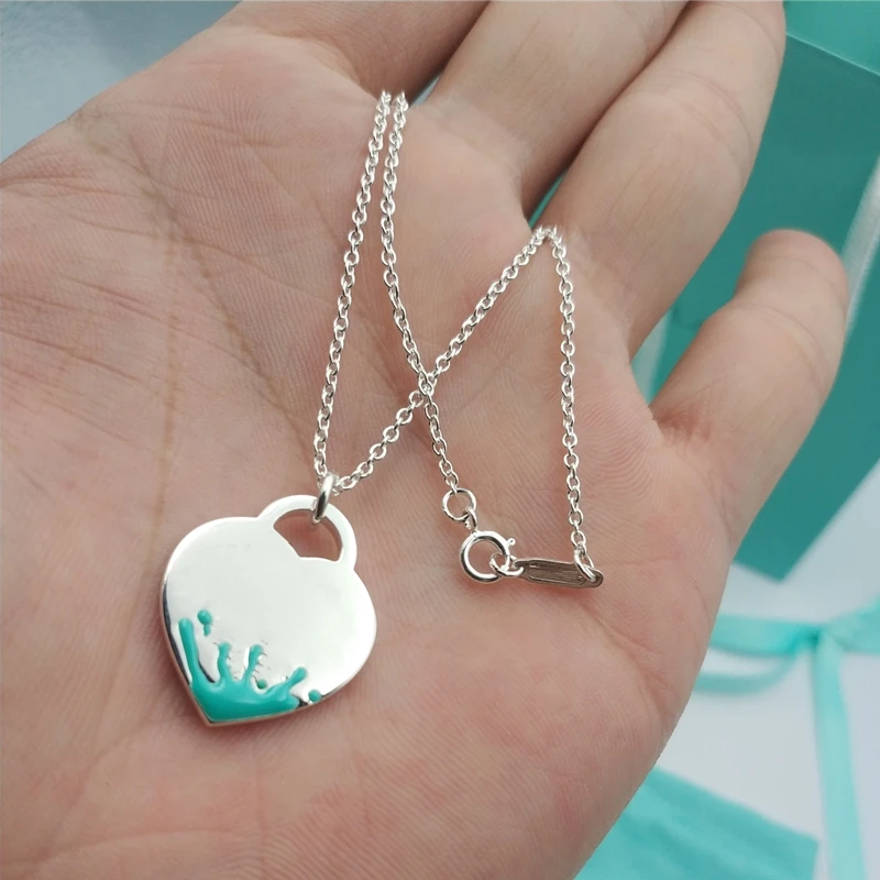 

Original 100% S925 Sterling Silver Splash Green Heart-Shape Rounded Pendant Necklace Women Logo Fine Jewelry Free Shipping