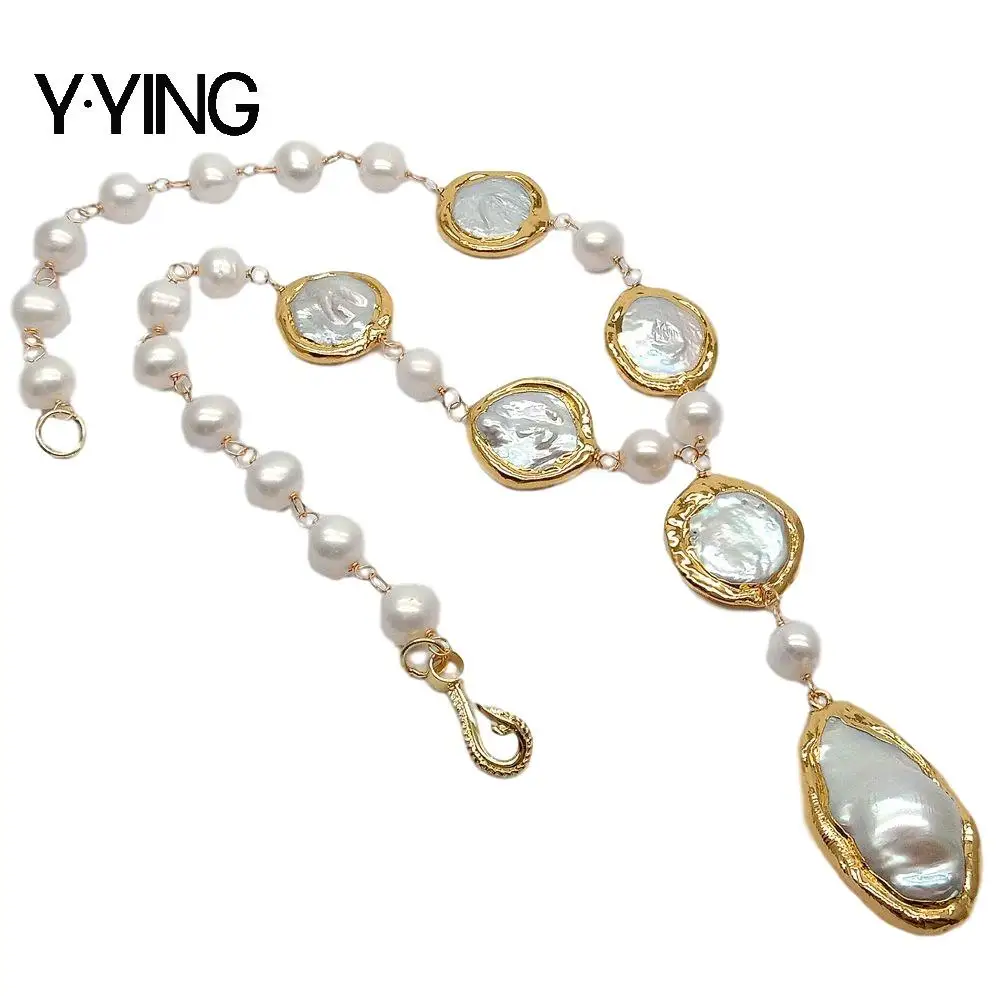 

Y·YING natural Cultured White Coin Pearl Potato Pearl Y-shape pendant Necklace Keshi pearl with gold color plated for women