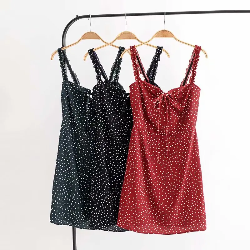 

Europe And America 2018 Summer New Style Slim Fit Slimming Polka Dot Camisole Frilled Chest Lace up Front Dress Short Skirt