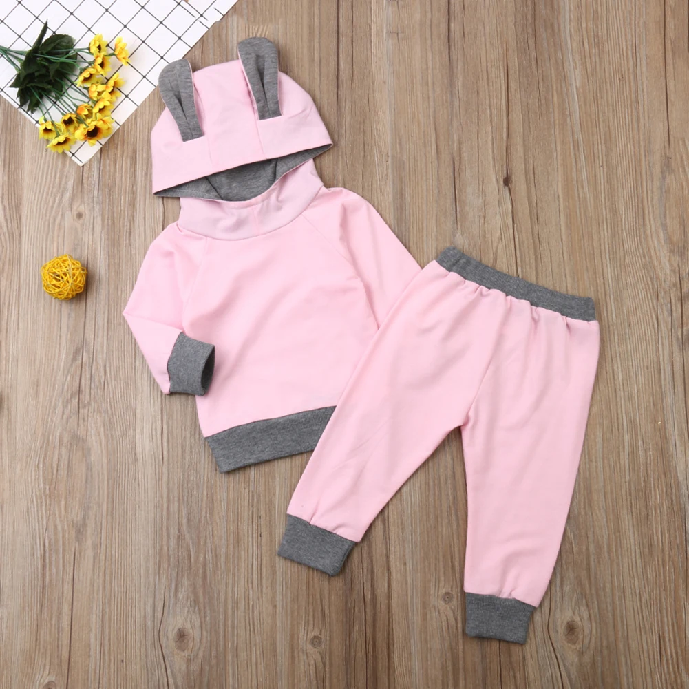 Pudcoco Toddler Kids Baby Girl Solid Color Long Sleeve Rabbit Ears Tops+ Pants Autumn Outfit Set