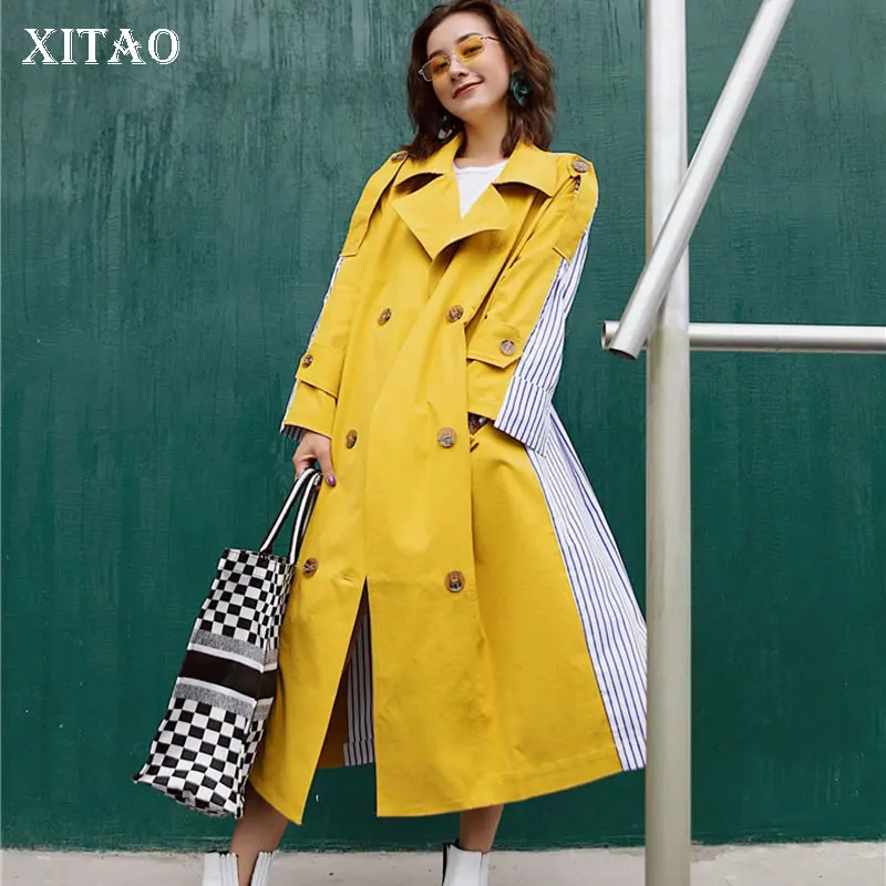 

XITAO Patchwork Striped Hit Color Long Trench Sashes Pocket Women Clothes 2019 Turn Down Collar Match All Coat Top New GCC1393
