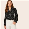 SHEIN отложной воротник случайная полоса печати Элегантная блузка футболка Женские топы Осень черный длинный рукав офисные женские блузки