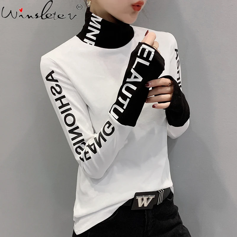 Tshirt Chic Patchwork Cotton Tops Broshed Long-Sleeve Tees Letter T00514A Fall Thick