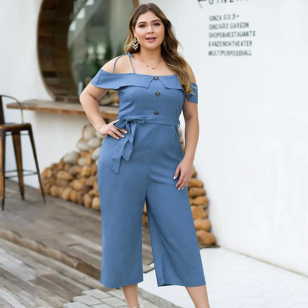 

feitong Women Denim Jumpsuit Plus Size rompers womens jumpsuit Ruffled Shoulder Strap Sling Wide Leg bodysuit mono mujer 9M3