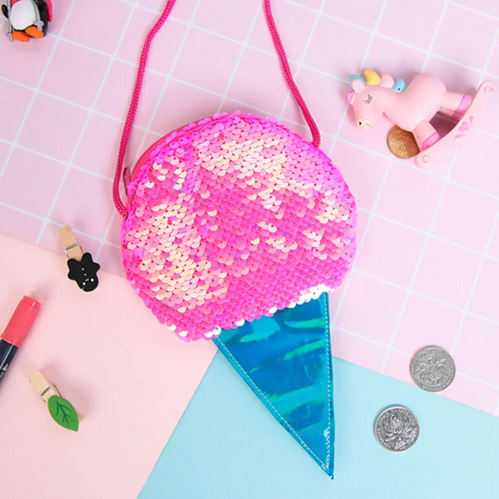 Girls Sequin Ice Cream Kids Small Wallet Cute Baby Coin Purse Bag Kawaii Money Card Holder for Boys Purses and Handbags Gift - Цвет: Розовый