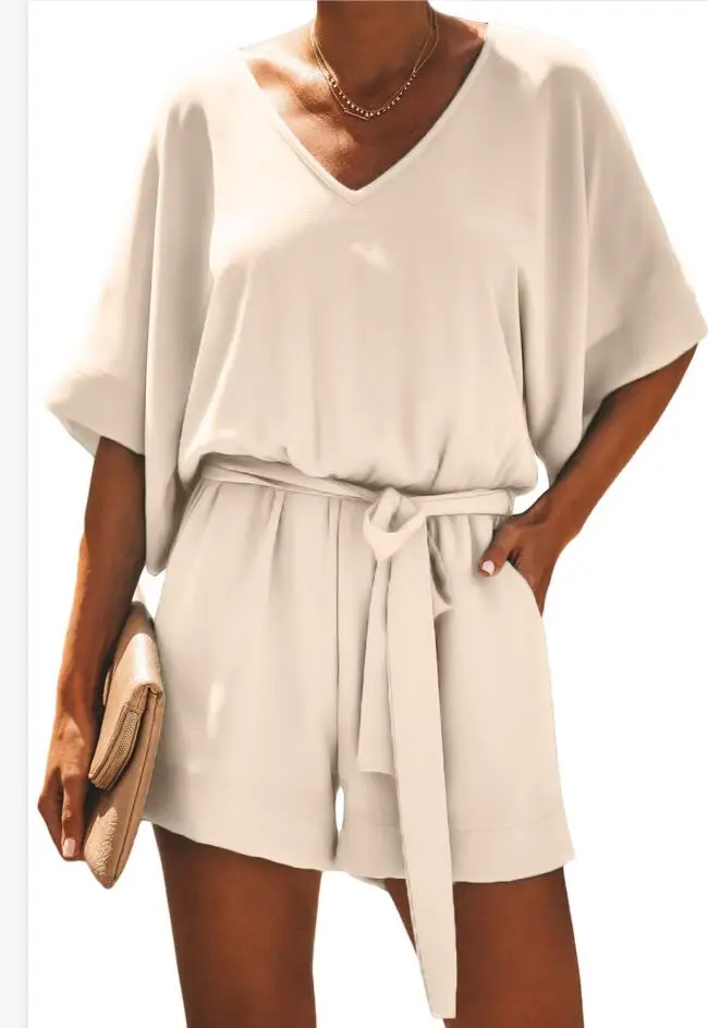 apricot Summer Scene Pocketed Tie Romper Solid Color Casual V Neck Half Sleeve Short Jumpsuit for Women Plus Size with Belt - Цвет: apricot