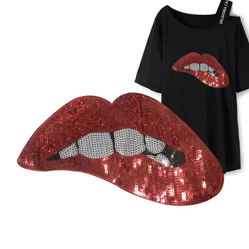 

2019 New DIY Big red Lip mouth patches Applique Sewing Handmade Bling Bling Sequins Patch for Clothing Embroidered Embroidery
